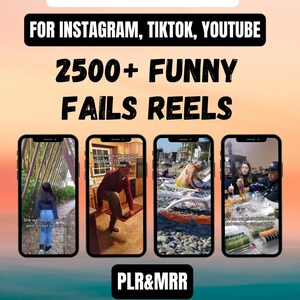 K&ouml;nnte beinhalten: Eine digitale Grafik mit dem Text ISHVO, FOR INSTAGRAM, TIKTOK, YOUTUBE, 2500+ FUNNY FAILS REELS und PLR&MRR. Vier Smartphone-Bildschirme zeigen verschiedene Videoclips, darunter eine gehende Person, eine Tanzszene, einen Strand und eine Mahlzeit.