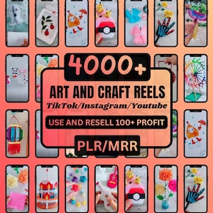 Puede incluir: Un collage de pantallas de teléfonos inteligentes que muestran varios proyectos de arte y artesanía. La imagen central presenta el texto "4000+ ART AND CRAFT REELS" con las frases "TikTok/Instagram/YouTube" y "USE AND RESELL 100+ PROFIT".
