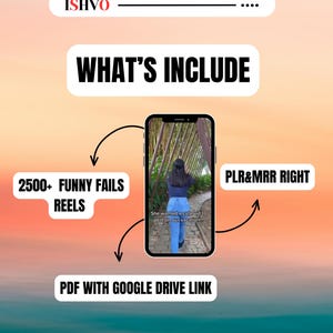 K&ouml;nnte beinhalten: Eine digitale Grafik mit dem Text ISHVO und WHAT'S INCLUDE. Ein Smartphone zeigt ein Video einer Person, die auf einem Pfad geht. Textbeschriftungen zeigen auf das Telefon mit den Angaben 2500+ FUNNY FAILS REELS, PLR&MRR RIGHT und PDF WITH GOOGLE DRIVE LINK.