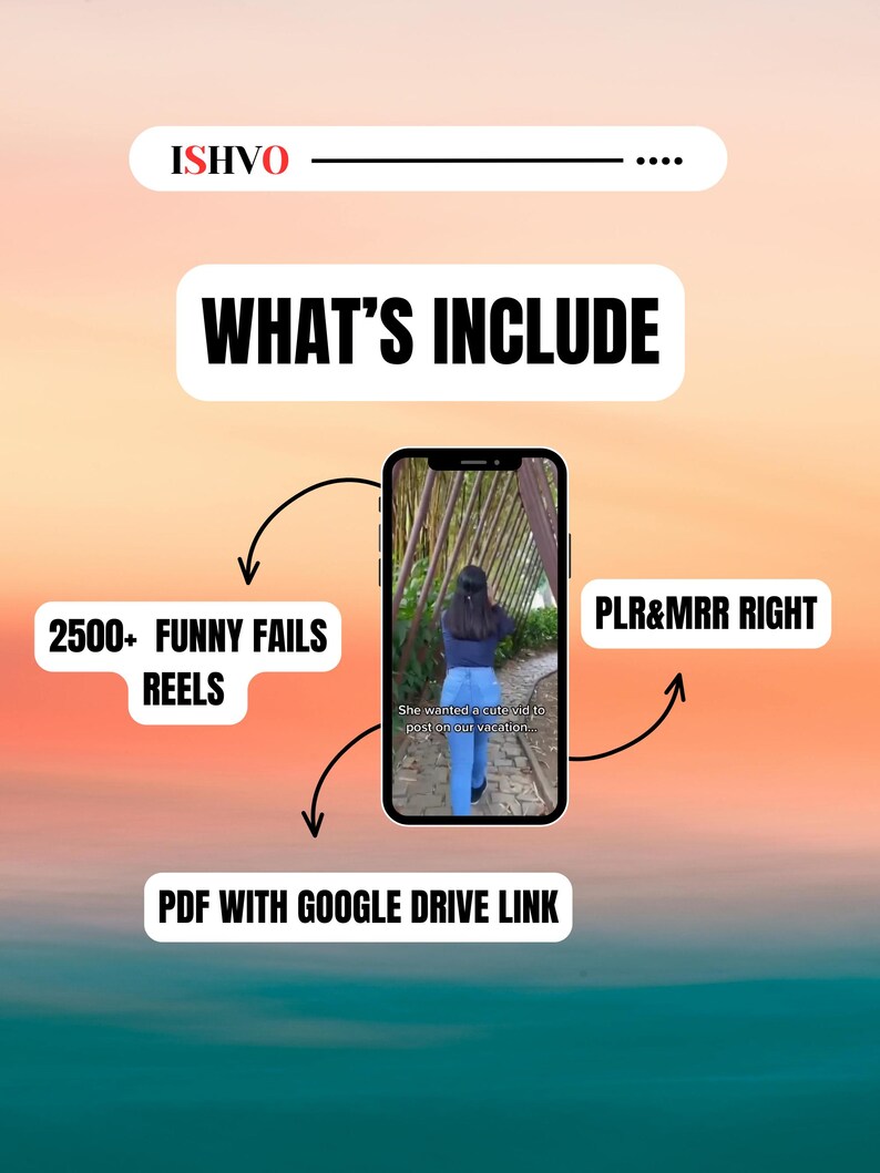 K&ouml;nnte beinhalten: Eine digitale Grafik mit dem Text ISHVO und WHAT'S INCLUDE. Ein Smartphone zeigt ein Video einer Person, die auf einem Pfad geht. Textbeschriftungen zeigen auf das Telefon mit den Angaben 2500+ FUNNY FAILS REELS, PLR&MRR RIGHT und PDF WITH GOOGLE DRIVE LINK.