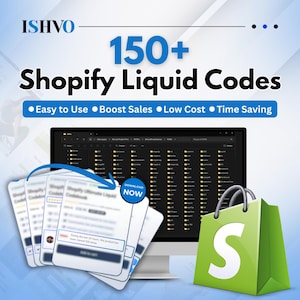 Könnte beinhalten: Werbung für Shopify Liquid Codes. Das Bild zeigt einen Computerbildschirm mit Code-Dateien, eine grüne Einkaufstasche mit einem weißen "S" und mehrere Code-Seiten. Der Text enthält "150+ Shopify Liquid Codes" und Aufzählungspunkte: "Einfach zu bedienen, Umsatz steigern, Geringe Kosten, Zeitsparend."