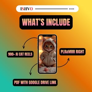 Puede incluir: Imagen con un fondo degradado naranja y amarillo. El texto "WHAT'S INCLUDE" est&aacute; en un cuadro negro. Un tel&eacute;fono inteligente muestra un gato con una sudadera con capucha. El texto incluye "900+ AI CAT REELS", "PLR&MRR RIGHT" y "PDF WITH GOOGLE DRIVE LINK".