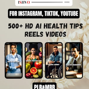 500+ virala AI-hälsotips i rullar | Virala välbefinnandevideor | TikTok-, Instagram- och YouTube-shorts | PLR MRR | Direktnedladdning
