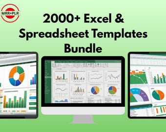 May include: Image of three computer screens displaying Excel spreadsheet templates. The screens show various charts and graphs, including pie charts and bar graphs. The text at the top reads "2000+ Excel & Spreadsheet Templates Bundle."