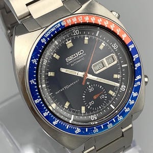 ヴィンテージ セイコー 6139 6001、ポーグ クロノグラフ、ペプシベゼル、1971年8月製、自動巻き17石、日本製、メンズ ステンレスウォッチ
