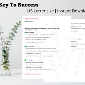 May include: A printable study guide with tips for studying effectively, staying organized, and optimizing learning. The guide is divided into three sections: Before Studying, During Studying, and After Studying. The guide includes tips such as setting specific study goals, gathering all materials, finding a quiet study space, using active learning techniques, following the Pomodoro technique, prioritizing core subjects, avoiding distractions, reviewing and summarizing key concepts, testing yourself with practice questions, taking breaks, and tracking progress.