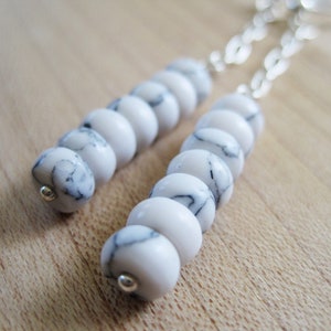 White Howlite Stacked Earrings, Black and White Marble Gemstone Rondelles and Chain Dangles, Stud Closure, Minimalist Jewelry Design