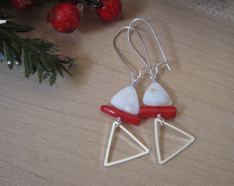 White Mother of Pearl Triangles and Red Coral Twig Earrings, Natural Shell Christmas Outfit Accessory, Geometric Xmas Tree, Holiday Party