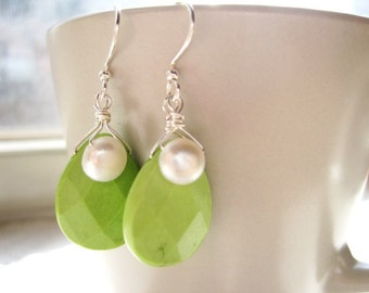Keylime Teardrop Earrings, White Pearl Beads and Mint Green Faceted Stone Earrings, Snowdrop Earrings