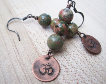 Unakite Beaded Earrings with Copper OM Charm, Zen Emotional Balance Yoga Ohm Jewelry, Olive Green Natural Gemstone Dangles, Gift for Yogi