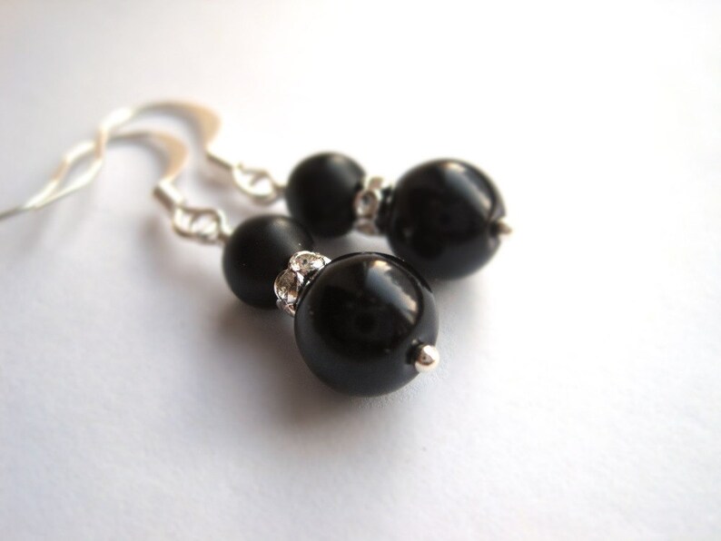 Jet Black Pearls and Rhinestone Rondelle Dangle Earrings, Bachelorette or Cocktail Party Accessory, June Birthstone, Bridal Party Gift image 2