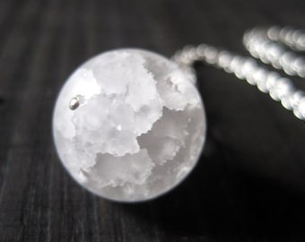 Snow Globe Necklace, White Crackle Quartz Sphere Pendant, Snowball Frosted Quartz, Christmas Gift, Miss You or Thank You Appreciation