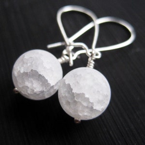 White Snow Ball Earrings, Frosted Crackle Quartz Snowball Dangles, Christmas Stocking Stuffer, Holiday Accessory Gift, Frozen Ice Look image 1