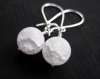 White Snow Ball Earrings, Frosted Crackle Quartz Snowball Dangles, Christmas Stocking Stuffer, Holiday Accessory Gift, Frozen Ice Look