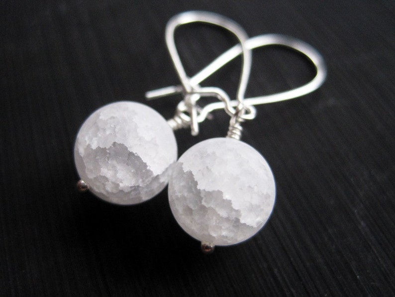 White Snow Ball Earrings, Frosted Crackle Quartz Snowball Dangles, Christmas Stocking Stuffer, Holiday Accessory Gift, Frozen Ice Look image 1