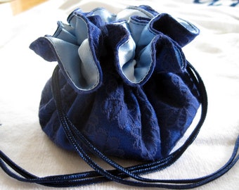 Navy Jewelry Bag with Flowery Pattern, Travel Drawstring Pouch, Dark Blue Jewelry Case with Flower Embroidery, Nature Lover Gift For Women