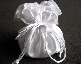 White Satin Bag, Wedding Dollar Dance Bag, Wedding Money Bag, Bridal Money Bag, Drawstring Jewelry Bag