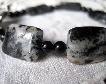 Black and White Beaded Bracelet, Granite and Black Onyx Bead Bracelet, Geometric Gemstones Bracelet, Black and White Jewelry