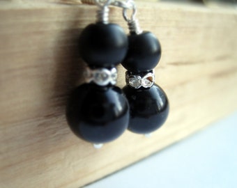 Jet Black Pearls and Rhinestone Rondelle Dangle Earrings, Bachelorette or Cocktail Party Accessory, June Birthstone, Bridal Party Gift