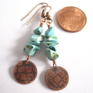 Rustic Turquoise and Copper Charm Earrings, Honeycomb Mesh Pattern, 7th Wedding Anniversary Gift For Wife, December Birthstone Dangles