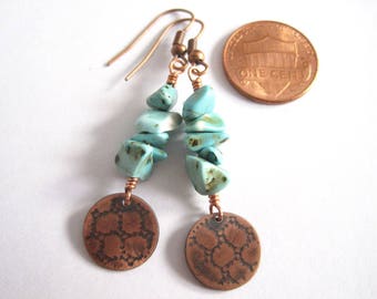 Rustic Turquoise and Copper Charm Earrings, Honeycomb Mesh Pattern, 7th Wedding Anniversary Gift For Wife, December Birthstone Dangles