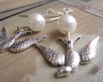 Swallow Earrings, White Pearl Beads and Swallow Charm Earrings, June Birthstone, Bird Charm Earrings, Minimalist Earrings, Nature Inspired