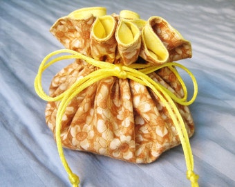 Light Yellow and Brown Travel Jewelry Bag, Flower Pattern Jewelry Pouch, Drawstring Bag For Her, Teacher Gift