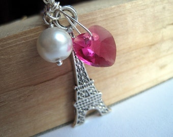 Paris Necklace, Eiffel Tower Necklace, Pink Swarovski Crystal Heart, White Pearl, Eiffel Tower Charm