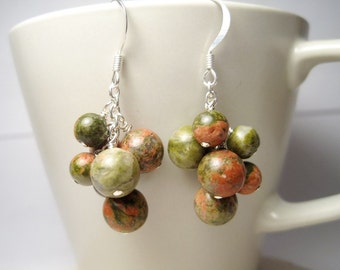 Unakite Cluster Earrings, Olive Green Natural Gemstone Dangles