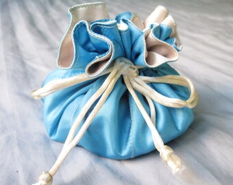 Baby Blue Drawstring Jewelry Pouch, Satin Travel Bag with Pockets, Fabric Organizer for Storing Earrings Necklaces Bracelets Rings Dice