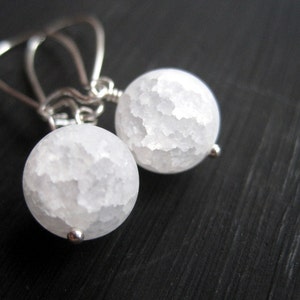 White Snow Ball Earrings, Frosted Crackle Quartz Snowball Dangles, Christmas Stocking Stuffer, Holiday Accessory Gift, Frozen Ice Look image 2