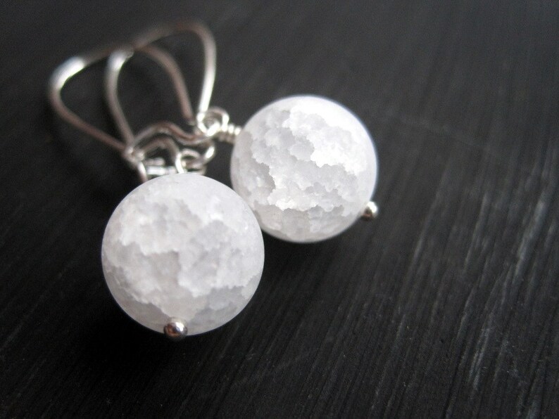 White Snow Ball Earrings, Frosted Crackle Quartz Snowball Dangles, Christmas Stocking Stuffer, Holiday Accessory Gift, Frozen Ice Look image 2