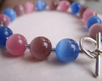 Blue, Pink, and Mauve Cats Eye Beaded Bracelet, Cotton Candy, Girly Accessory, Pastel Tones, Teenage Fashion