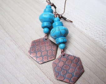 Turquoise Earrings and Hammered Copper Honeycomb Charms, Boho Jewelry, Copper 7th Wedding Anniversary Gift for Her, December Birthstone