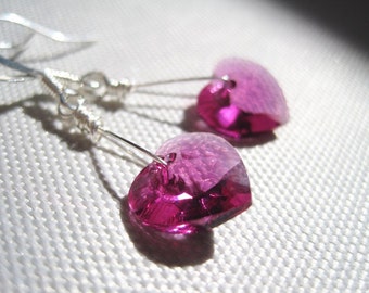 Light Pink Swarovski Crystal Earrings, Pink Heart Earrings, Fuchsia Swarovski Hearts Earrings, Minimalist Earrings