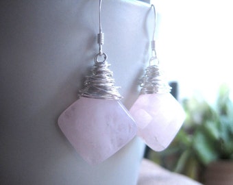 Rose Quartz Wire Wrapped Earrings, Faceted Natural Gemstone Jewelry, Light Pale Pink Frosted Dangles, Sterling Silver Wrapping