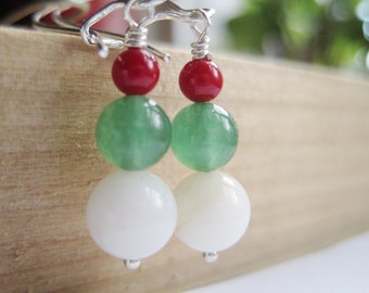 Christmas Earrings, Holiday Jewelry Stocking Stuffer, Xmas Tree Imitation, Festive Earring Dangle, White Green Red, Seasonal Gift For Her