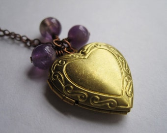 Vintage Brass Heart Locket Necklace, Heart Locket Charm, Amethyst Beads, February Birthstone