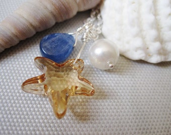 Beach Necklace, Swarovski Crystal Starfish Necklace with White Pearl and Blue Kyanite Teardrop, Beach Pendant