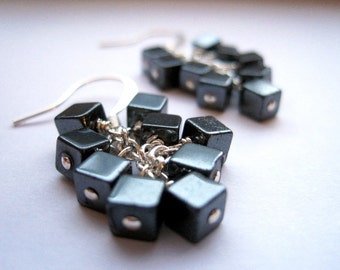Hematite Cluster Earrings, Metallic Cube Dangles, Cocktail Party Accessory, Anxiety Relief New Mom Jewelry Gift, Charcoal Cubical Beads