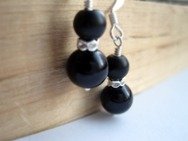 Jet Black Pearls and Rhinestone Rondelle Dangle Earrings, Bachelorette or Cocktail Party Accessory, June Birthstone, Bridal Party Gift image 3