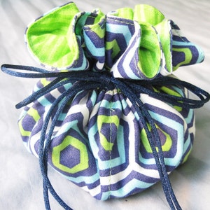 Jewelry Travel Pouch, Dark Blue Lime Green Drawstring Bag, Jewelry Storage, Girlfriend Gift Pouch, Dice Bag image 1