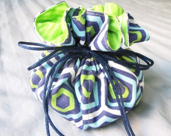 Jewelry Travel Pouch, Dark Blue Lime Green Drawstring Bag, Jewelry Storage, Girlfriend Gift Pouch, Dice Bag