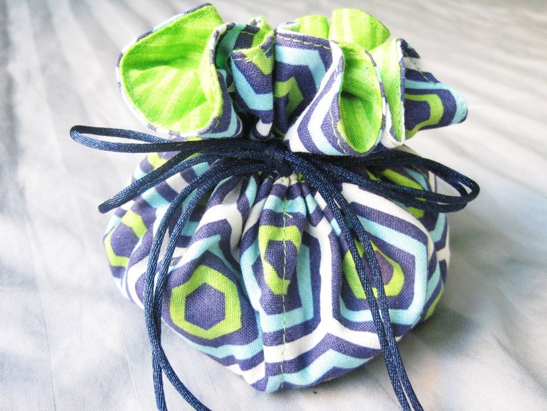 Jewelry Travel Pouch, Dark Blue Lime Green Drawstring Bag, Jewelry Storage, Girlfriend Gift Pouch, Dice Bag image 1