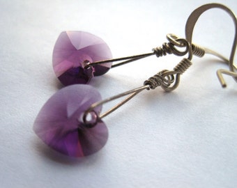 Amethyst Swarovski Crystal Heart Earrings, February Birthstone, Gift for Her