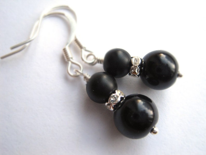 Jet Black Pearls and Rhinestone Rondelle Dangle Earrings, Bachelorette or Cocktail Party Accessory, June Birthstone, Bridal Party Gift image 4