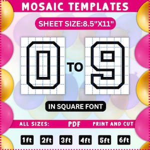 Chiffres du chapiteau, 0-9 tous les chiffres, modèles de ballon mosaïque, chiffres carrés, modèles de mosaïque, PDF imprimable, 1,8 m, 5 pi, 4 pi, 3 pi, 2 pi, 1 pi,
