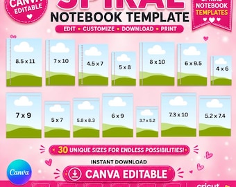 Spiral Notebook Cover Template Bundle, 30 Sizes, Spiral Notebook Cover Canva Templates, Composition Notebook, Back To School, Drag &drop DIY