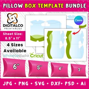 May include: A pink pillow box template bundle with four sizes: 6", 5", 4", and 3". The bundle includes digital files in JPG, PNG, SVG, DXF, PSD, and Ai formats. The sheet size is 8.5" x 11". The text "PILLOW BOX TEMPLATE BUNDLE" is at the top.