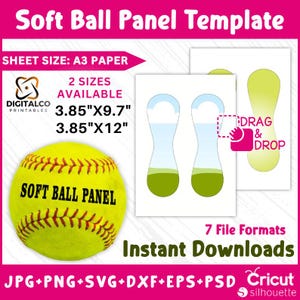 May include: A digital download template for a softball panel. The template is available in two sizes: 3.85 inches by 9.7 inches and 3.85 inches by 12 inches. The template is available in seven file formats: JPG, PNG, SVG, DXF, EPS, and PSD. The template is compatible with Cricut and Silhouette cutting machines.